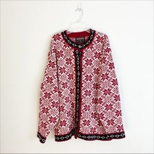 Woolrich Women’s Wool Cardigan Red White Snowflakes Knit Sweater Warm Size XL